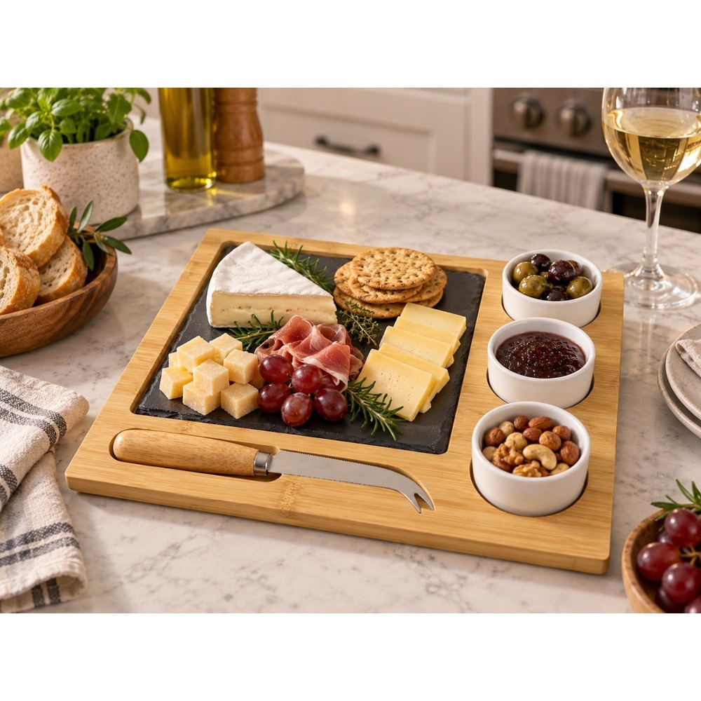 Bamboo Charcuterie Board Set with Slate Insert 3 Ramekins and Cheese Knife
